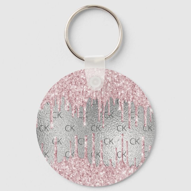 Silver metal glitter drips pink monogram initials  key ring (Front)