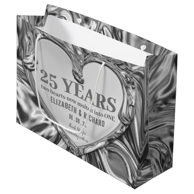 Silver Metal Heart Wedding Anniversary Large Gift Bag (Front Angled)