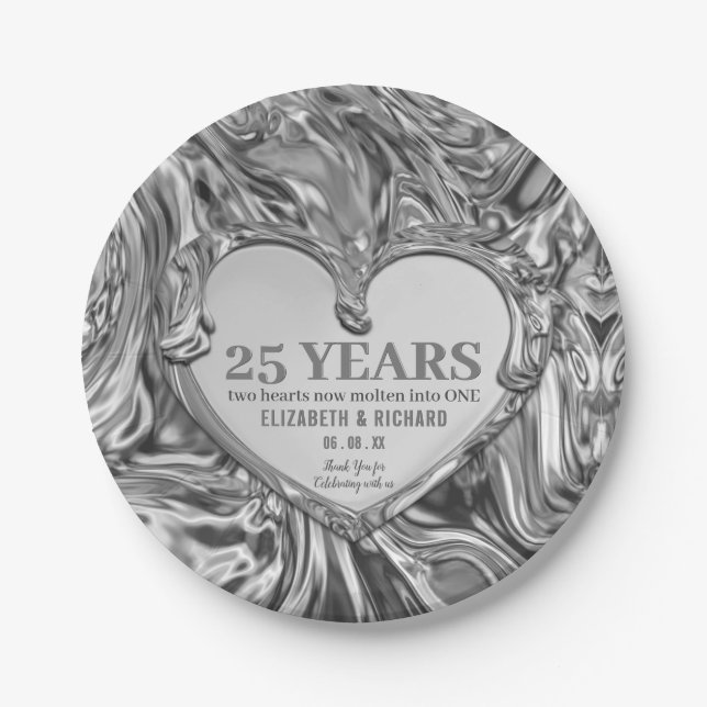 Silver Metal Heart Wedding Anniversary Paper Plate (Front)