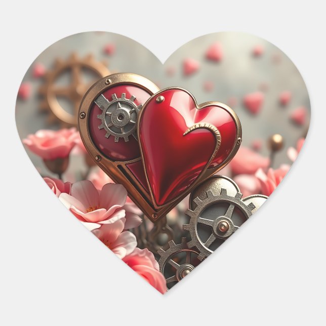 Silver Metal Hearts and Gears Steampunk Heart Sticker (Front)