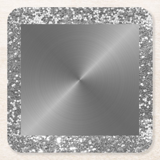 Silver Metal Look Glitter Metallic Square Paper Coaster (Front)