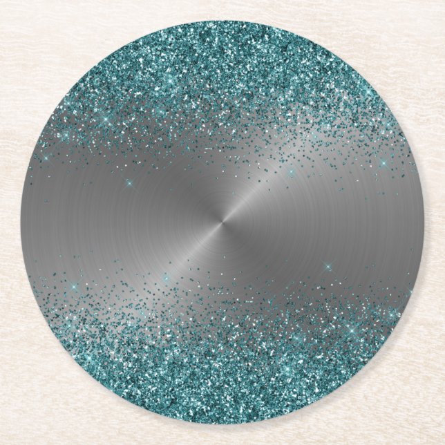 Silver Metal Look Glitter Teal Circular Metallic Round Paper Coaster (Front)