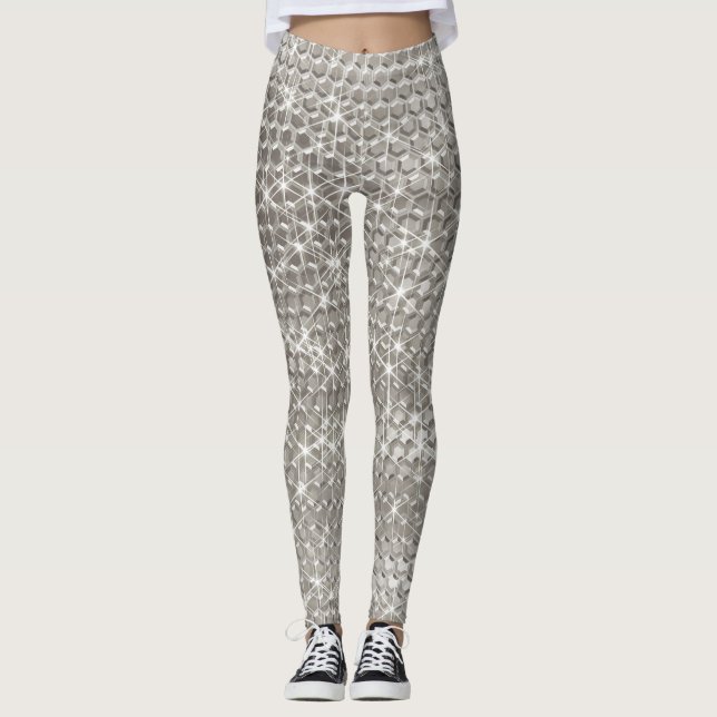 Silver Metal Unique Glitter Sparkle Metallic Glam Leggings (Front)