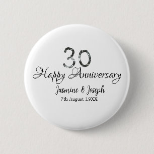 Silver Metallic 30th Happy anniversary add name 6 Cm Round Badge