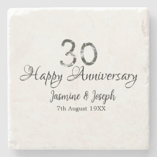 Silver Metallic 30th Happy anniversary add name Stone Coaster