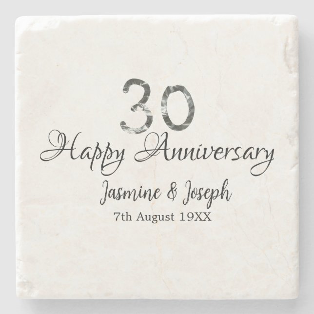 Silver Metallic 30th Happy anniversary add name Stone Coaster (Front)