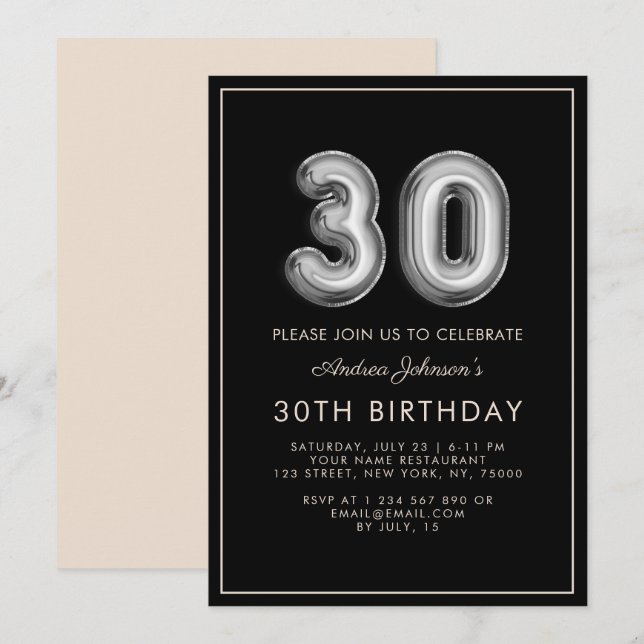 Silver Metallic Ballon Number 30th Birthday Frame  Invitation (Front/Back)