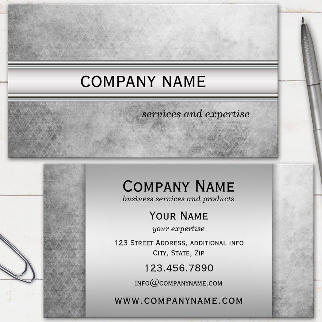 Silver Metallic Black and White Professional Business Card (Business card with silver grey metallic text fields on a grunge black and white background)