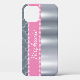 Silver Metallic Bling Glam Name Pink iPhone 12 Case