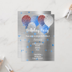 SILVER METALLIC & BLUE BIRTHDAY BALLOON SPOT  INVITATION