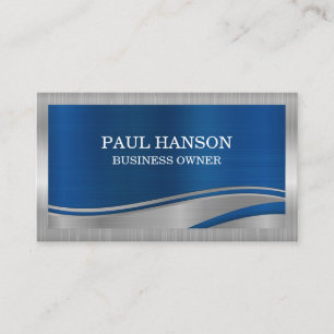 Silver Metallic Blue Metal Wave Brushed Business Card