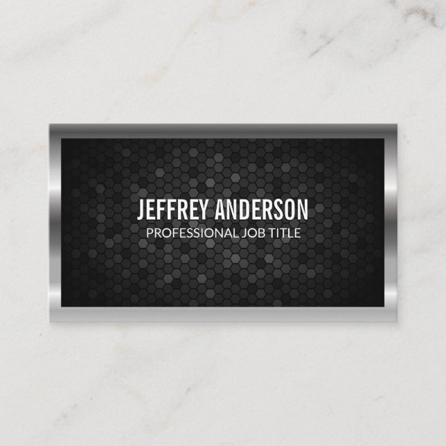 Silver Metallic Border Geometry Pattern Background Business Card (Front)