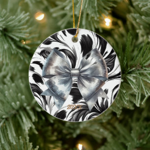 Silver Metallic Bow Black White Accents Ceramic Tree Decoration