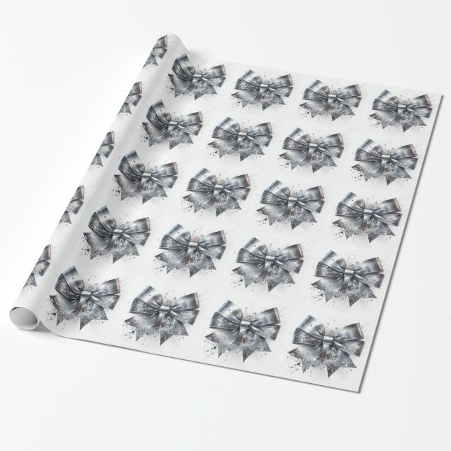 Silver Metallic Bow Faux Sparkles  Wrapping Paper (Unrolled)