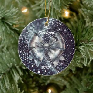 Silver Metallic Bow Luminous Year Accent Ceramic Tree Decoration