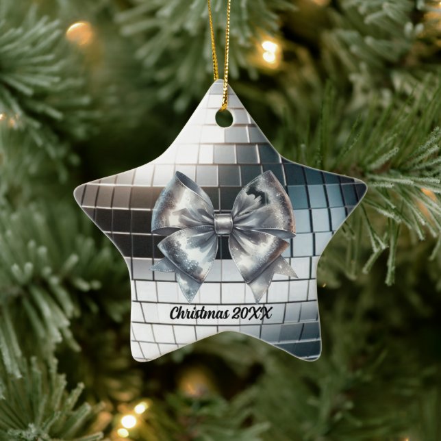 Silver Metallic Bow Mirrored Year Accent Ceramic Tree Decoration (Tree)