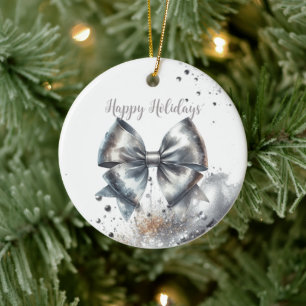 Silver Metallic Bow Radiant Year Accent Ceramic Tree Decoration