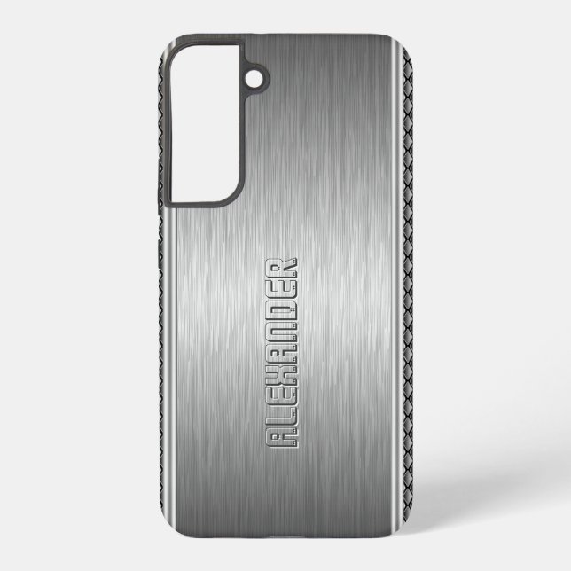 Silver Metallic Brushed Aluminium Geometric Accent Samsung Galaxy S22+ Case (Back)