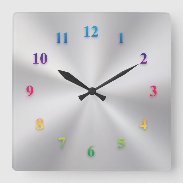 Silver Metallic Clock with Coloured Numbers (Front)