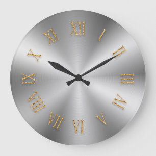 Silver Metallic Clock with Goldfoil Roman Numbers