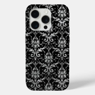 Silver Metallic Damask on Black iPhone 15 Pro Case