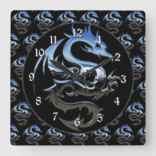 Silver Metallic Dragon Square Wall Clock