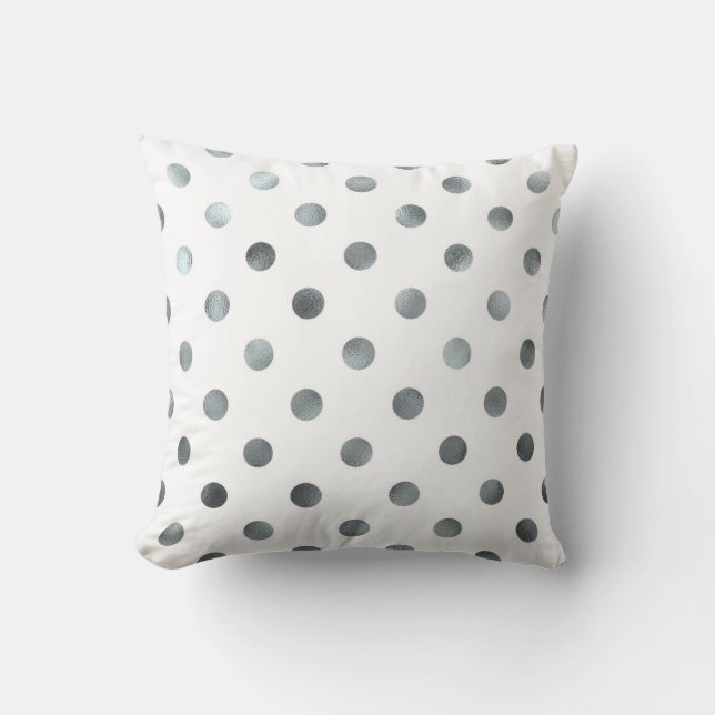 Silver Metallic Faux Foil Polka Dot White Cushion (Front)
