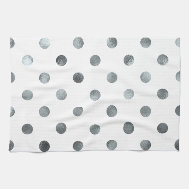 Silver Metallic Faux Foil Polka Dot White Tea Towel (Horizontal)