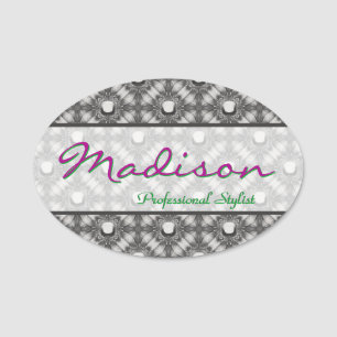 Silver Metallic Flowers and Gemstones  Name Tag