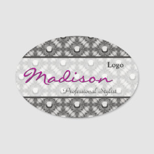 Silver Metallic Flowers and Gemstones  Name Tag