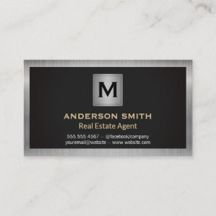 Silver Metallic Frame Black Texture Monogram Business Card