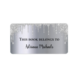 Silver metallic glitter drips name bookplate label