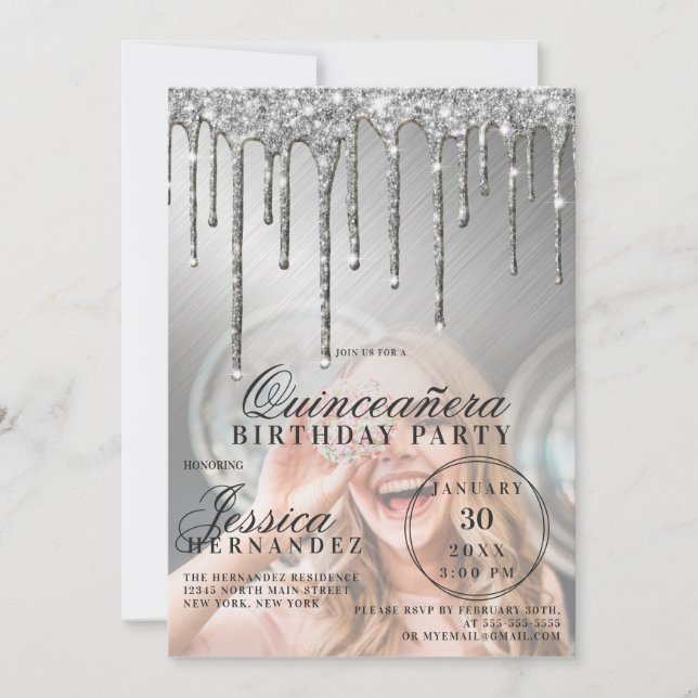 Silver Metallic Glitter Drips Photo Quinceañera Invitation (Front)