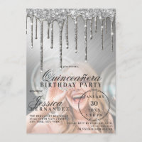 Silver Metallic Glitter Drips Photo Quinceañera