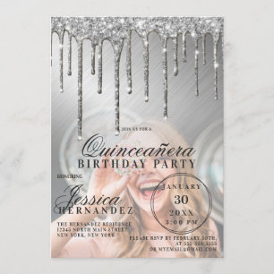 Silver Metallic Glitter Drips Photo Quinceañera Invitation