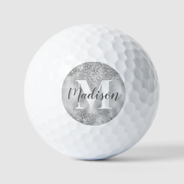 Silver Metallic Glitter with White Monogram Golf Balls (Front)