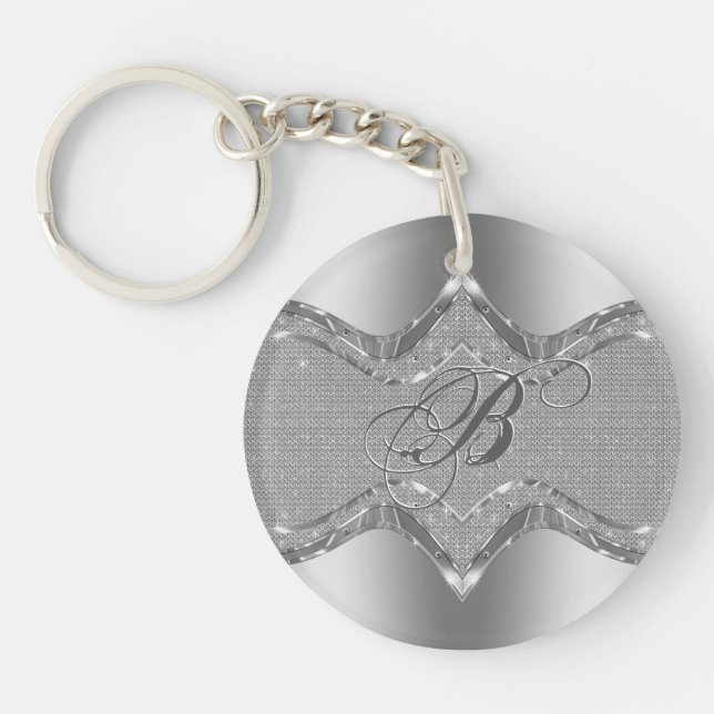 Silver Metallic Look With Diamonds Pattern 2 Key Ring (Front)