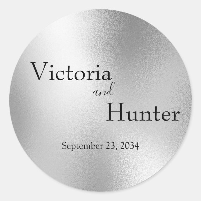 Silver Metallic Modern Elegant Wedding Classic Round Sticker (Front)
