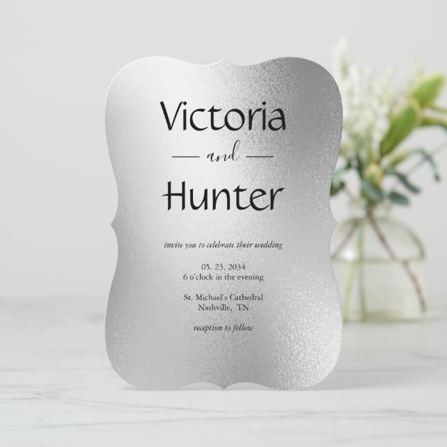 Silver Metallic Modern Elegant Wedding Invitation (Standing Front)