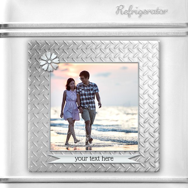 Silver Metallic Personalised Photo Magnet (Photo magnet featuring your own favorite photo framed by a silver metallic design)