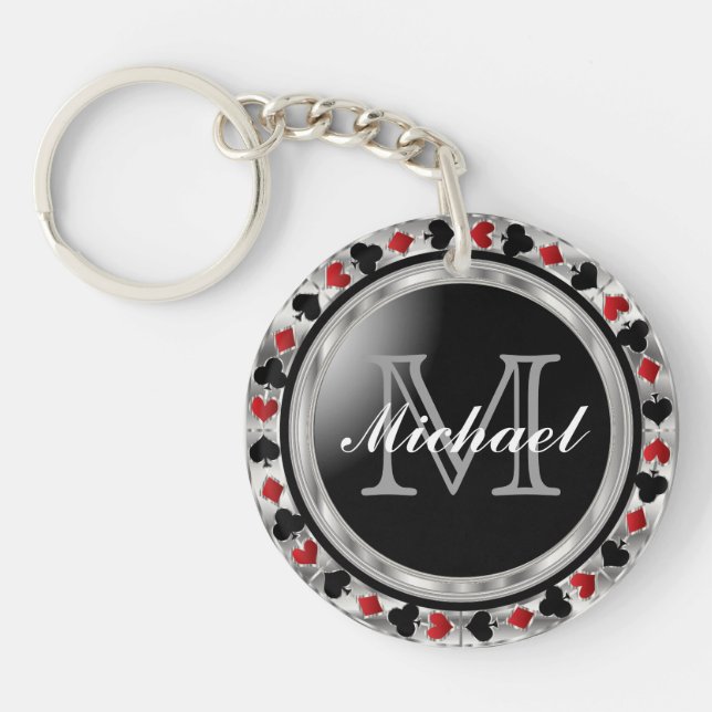 Silver Metallic Poker Design | Monogram Key Ring (Front)
