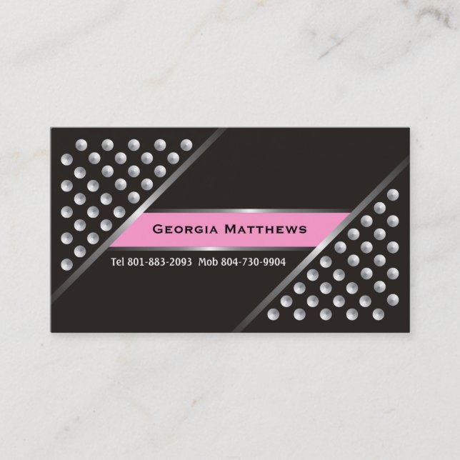 Silver metallic studs black pink business cards (Front)