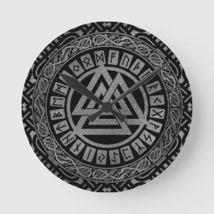 Silver Metallic Valknut Symbol on Celtic Pattern Round Clock