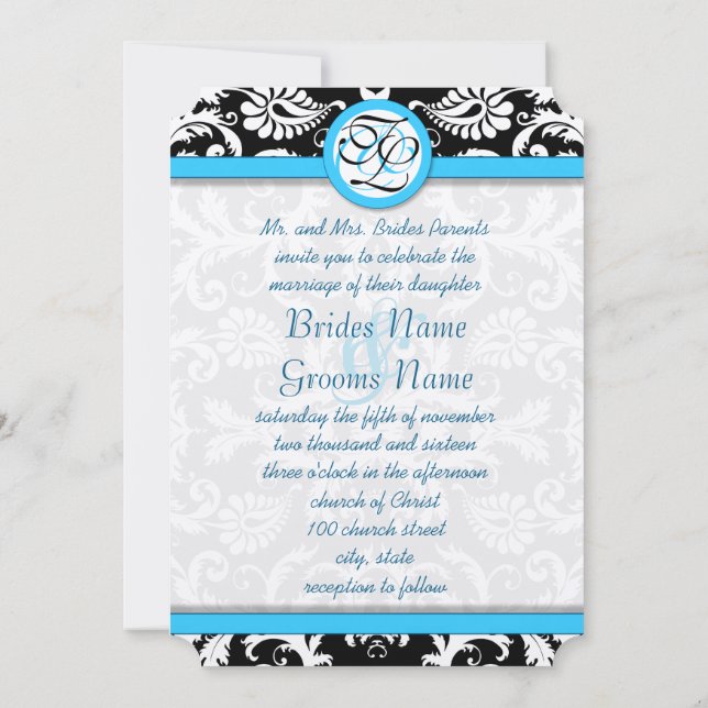 Silver Metallic Vintage Damask Bright Aqua Trim Invitation (Back)