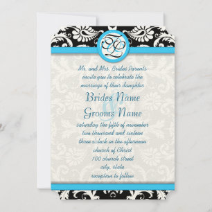 Silver Metallic Vintage Damask Bright Aqua Trim Invitation