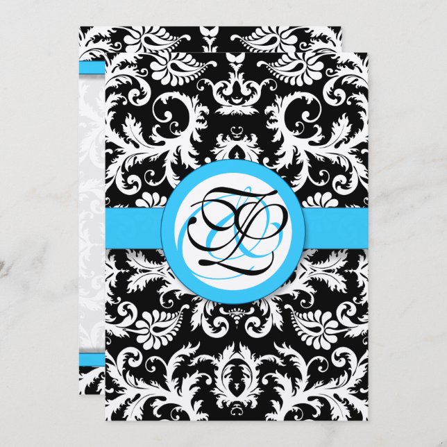 Silver Metallic Vintage Damask Bright Aqua Trim Invitation (Front/Back)