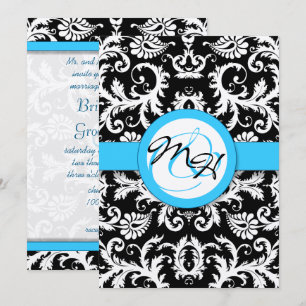 Silver Metallic Vintage Damask Bright Aqua Trim Invitation