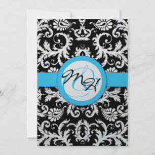 Silver Metallic Vintage Damask Bright Aqua Trim Invitation