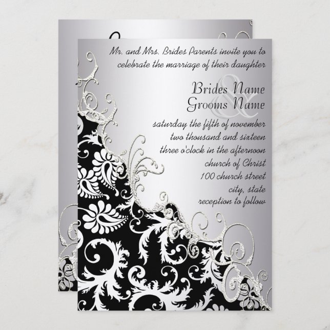 Silver Metallic Vintage Damask Romantic Swirl Invitation (Front/Back)