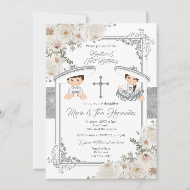 Silver Mexican Baptism and Birthday Fiesta Twin   Invitation (Front)